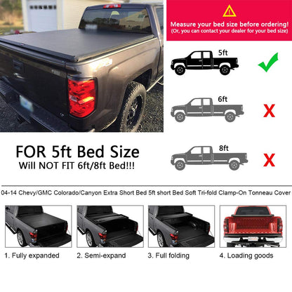 G-PLUS T3 Soft Lock Tri-Fold Tonneau Cover Assembly Replacement for 2004-2014 Chevy Colorado/GMC Canyon,Short Bed Black (Extra Short Bed 5')