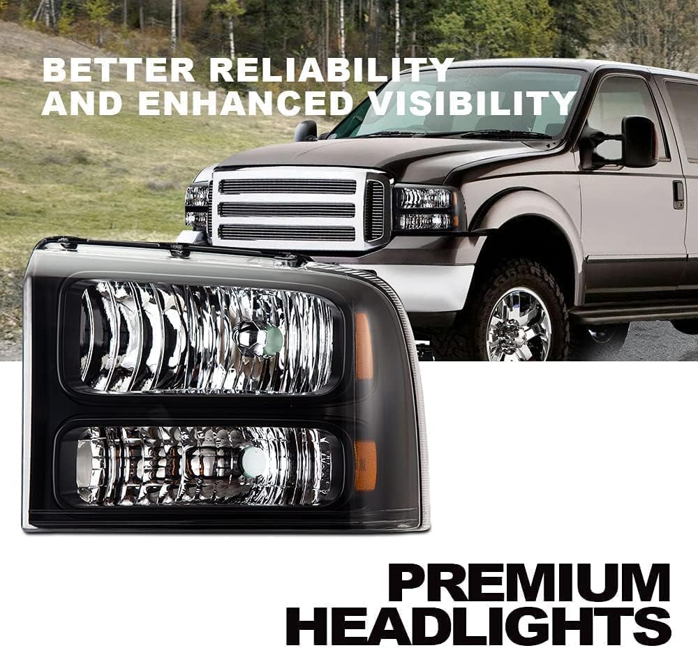 G-PLUS Headlights Assembly, Compatible with 2005 2006 2007 Ford F250 F350 Super Duty Bumper Headlamps, Clear lens Black Housing Amber Reflector,Left Driver & Right Passenger faros delanteros