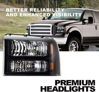 G-PLUS Headlights Assembly, Compatible with 2005 2006 2007 Ford F250 F350 Super Duty Bumper Headlamps, Clear lens Black Housing Amber Reflector,Left Driver & Right Passenger faros delanteros