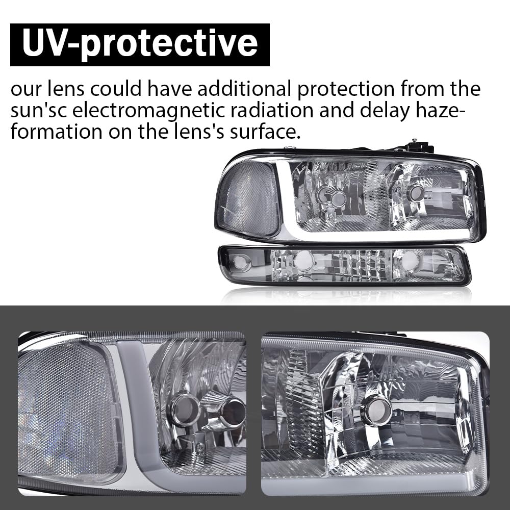 G-PLUS LED Headlights Assembly Fit GMC Sierra 1500HD 2500HD 3500 1999-2007/Fit GMC Yukon XL 1500 2500 1999-2006,Headlamps Smoky Lens Chrome Housing Clear Reflector,faros delanteros