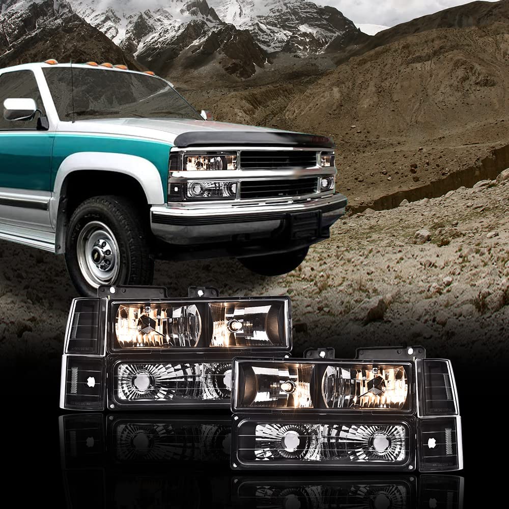 G-PLUS Headlights Assembly, Fit 1994 1995 1996 1997 1998 1999 GMC C1500 K1500 Yukon Bumper Headlamps, Clear Lens Black Housing Clear Reflector,faros delanteros