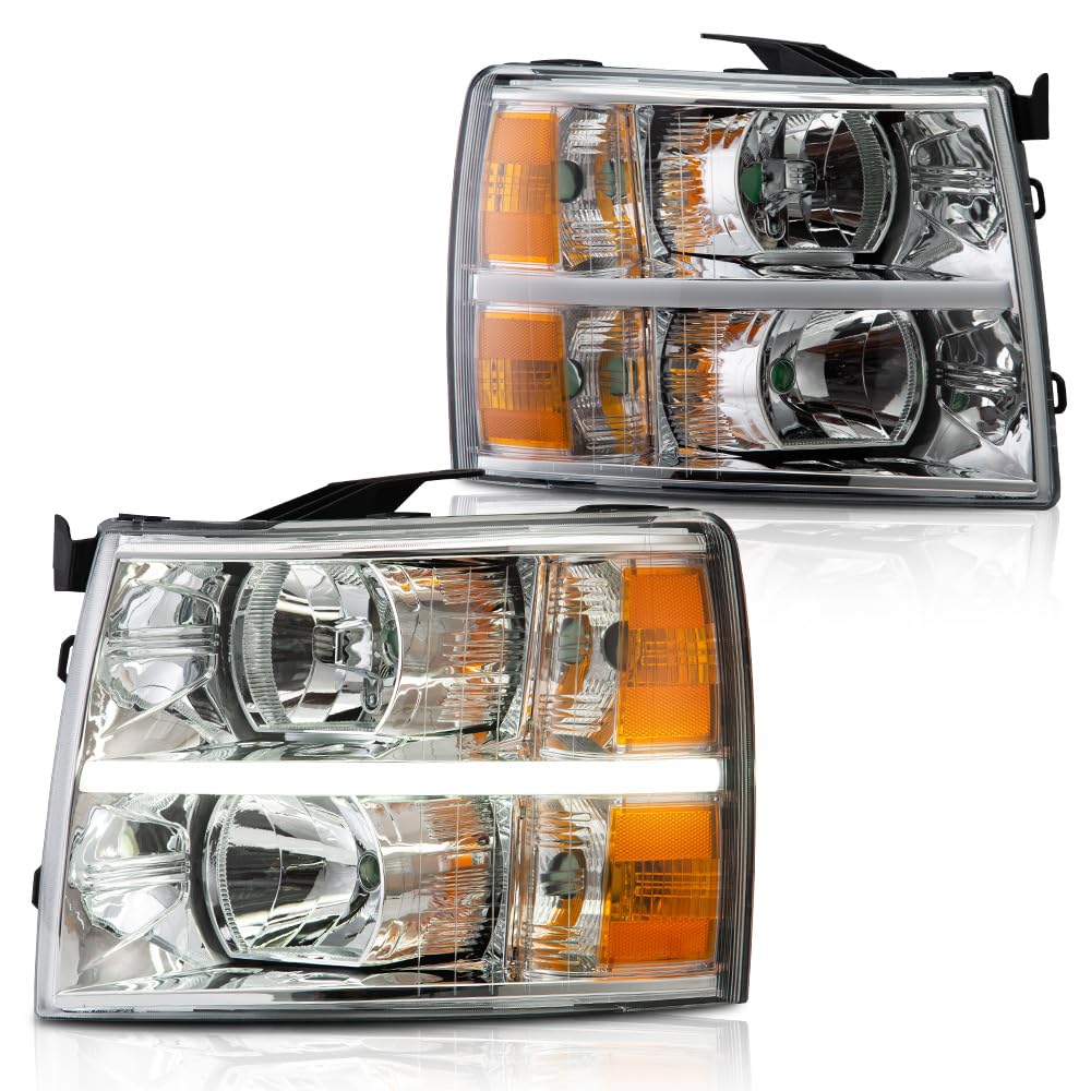 G-PLUS LED DRL Headlights, Fit 2007-2014 Chevy Silverado 2500 3500 & HD Models/Fit 2007-2013 Chevy Silverado 1500 Bumper Headlamps, Clear Lens Chrome Housing Amber Reflector,faros delanteros