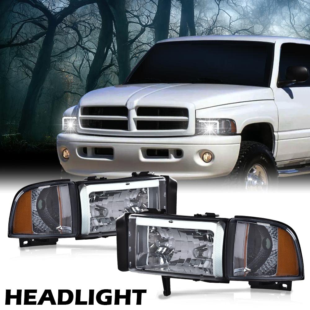 G-PLUS LED Headlights Assembly Fit Dodge Ram 1500 1994-2001,Fit Dodge Ram 2500 3500 1994-2002(Not for Ram Sport) Headlamps w/o Bulbs Smoky Lens Chrome Housing Amber Reflector Left & Right