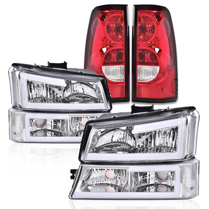 G-PLUS LED DRL Headlights Assembly & Tail Lights Fit Chevy Silverado 1500 1500 HD 2500 2500 HD 2003-2006, Clear Lens Chrome Housing Clear Reflector Headlamps Assembly Red Taillights