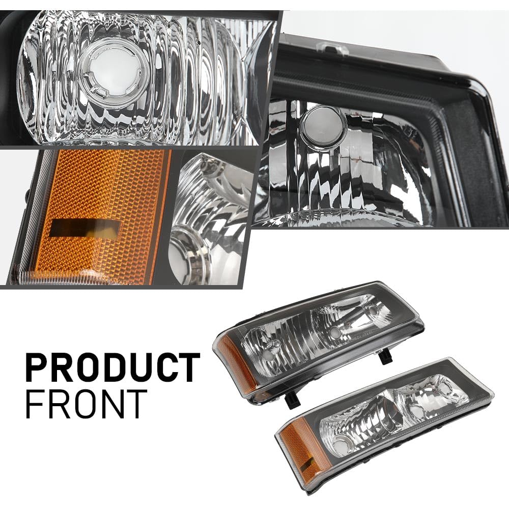 G-PLUS Headlights Assembly & Tail Lights Fit Chevy Silverado 1500 1500 HD 2500 2500 HD 2003-2006, Clear Lens Black Housing Amber Reflector Headlamps Assembly Red Taillights