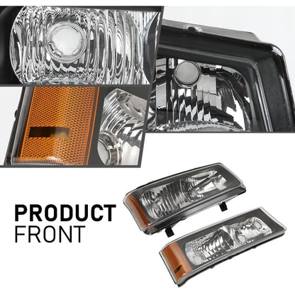 G-PLUS Headlights Assembly + Tail Lights Fit Chevy Silverado 1500 1500 HD 2500 2500 HD 2003-2006, Clear Lens Black Housing Amber Reflector Headlamps Assembly Dark Red Taillights