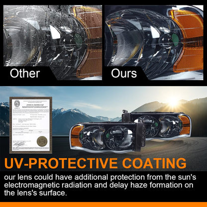 G-PLUS Headlights Assembly, Compatible with 2002 2003 2004 2005 Dodge Ram 1500 2500 3500 Bumper Headlamp, Smoky Lens Chrome Housing Amber Reflector