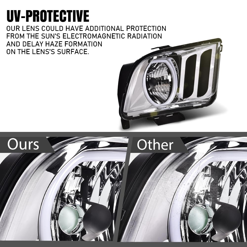 G-PLUS LED DRL Headlights, Compatible with Ford Mustang 2005 2006 2007 2008 2009 Bumper Headlamps, Clear Lens Chrome Housing Amber Reflector,faros delanteros