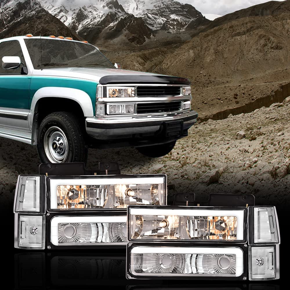 G-PLUS LED DRL headlights, Compatible with 1994 1995 1996 1997 1998 1999 GMC C1500 K1500 Yukon bumper Headlamp, Clear lens Chrome Housing Clear Reflector