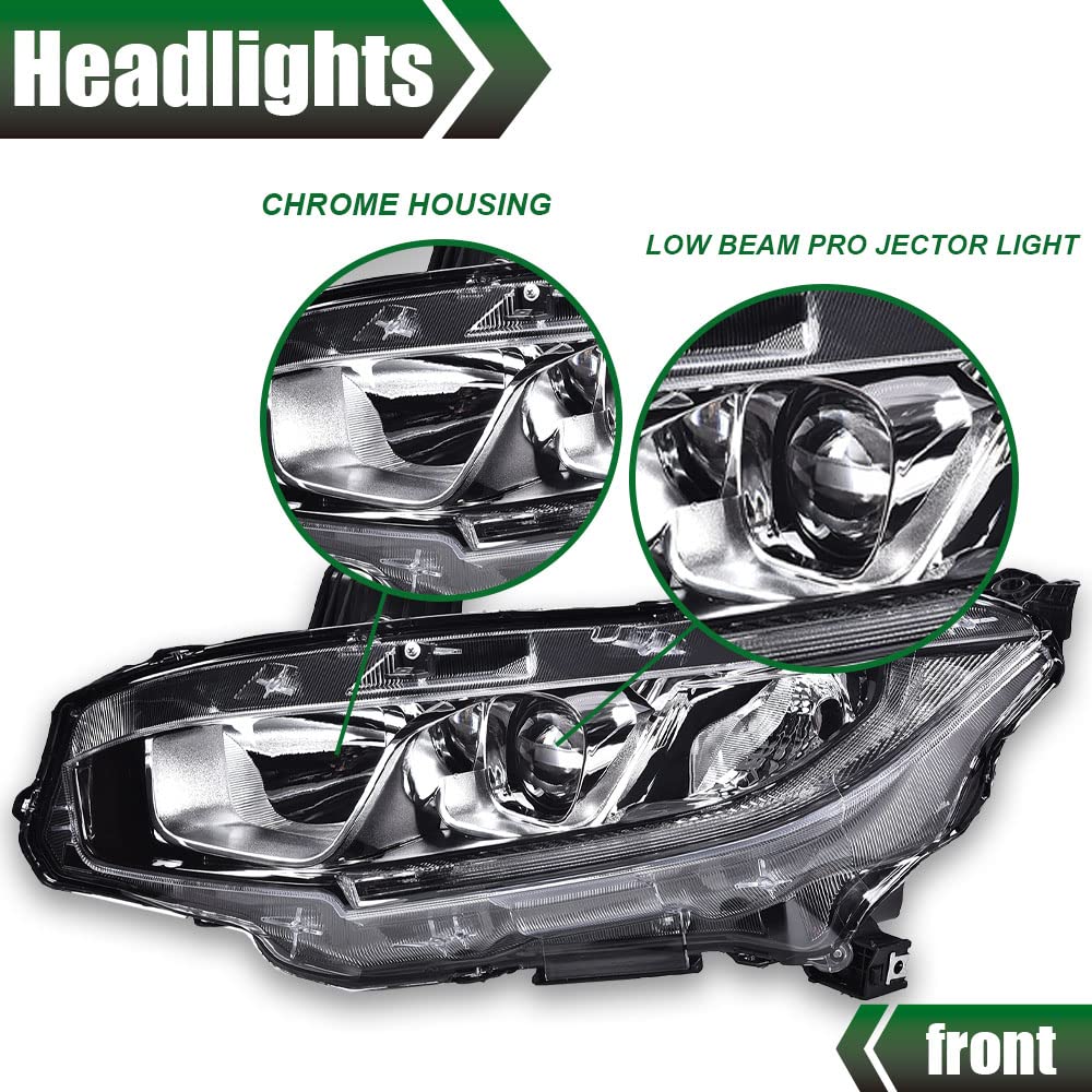 G-PLUS Projector Headlights, Compatible with Honda Civic 2016-2021 2/4Door DX EX/EX-L/EX-T LX/LX-P Si Sport,(NOT For Factory LED Headlight Models) Halogen Model LED DRL (Passenger & Driver Side)