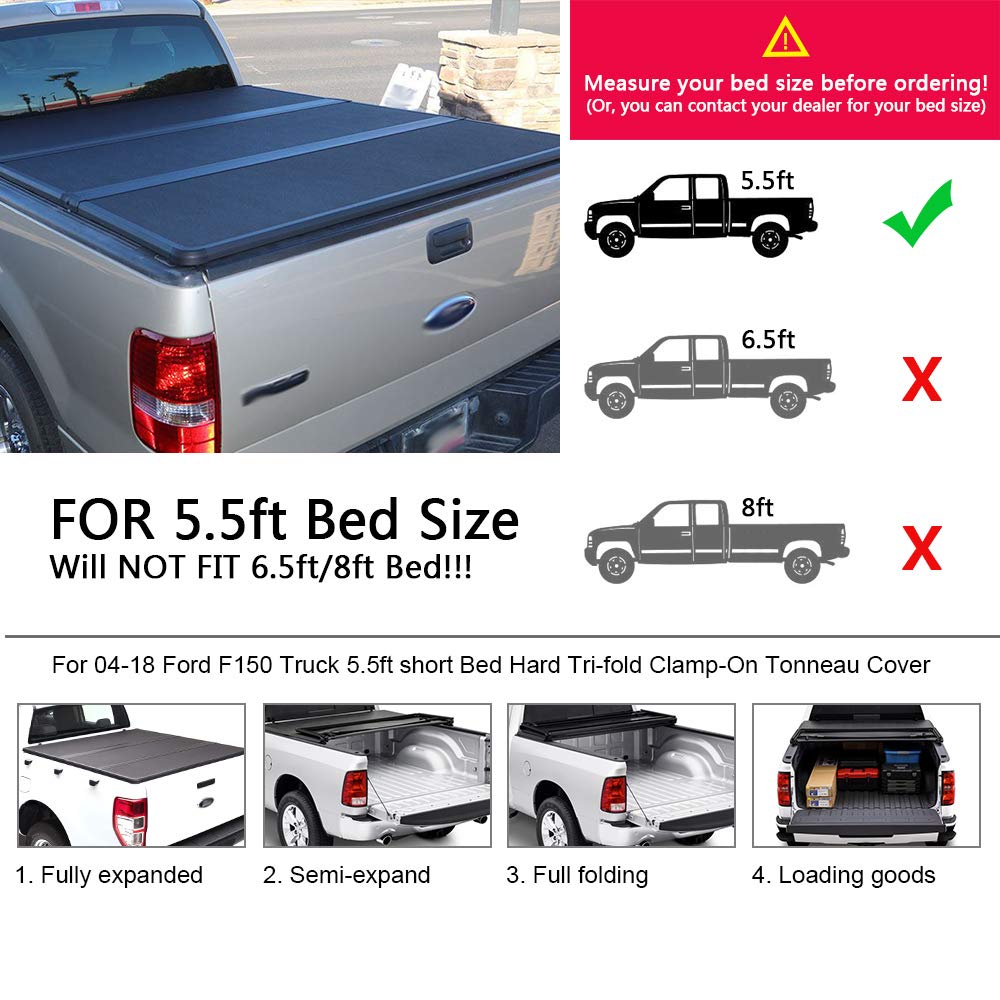 G-PLUS Hard Solid Tri-Fold Tonneau Short Bed Cover Compatible with 2004-2014 Ford F150 5.5ft