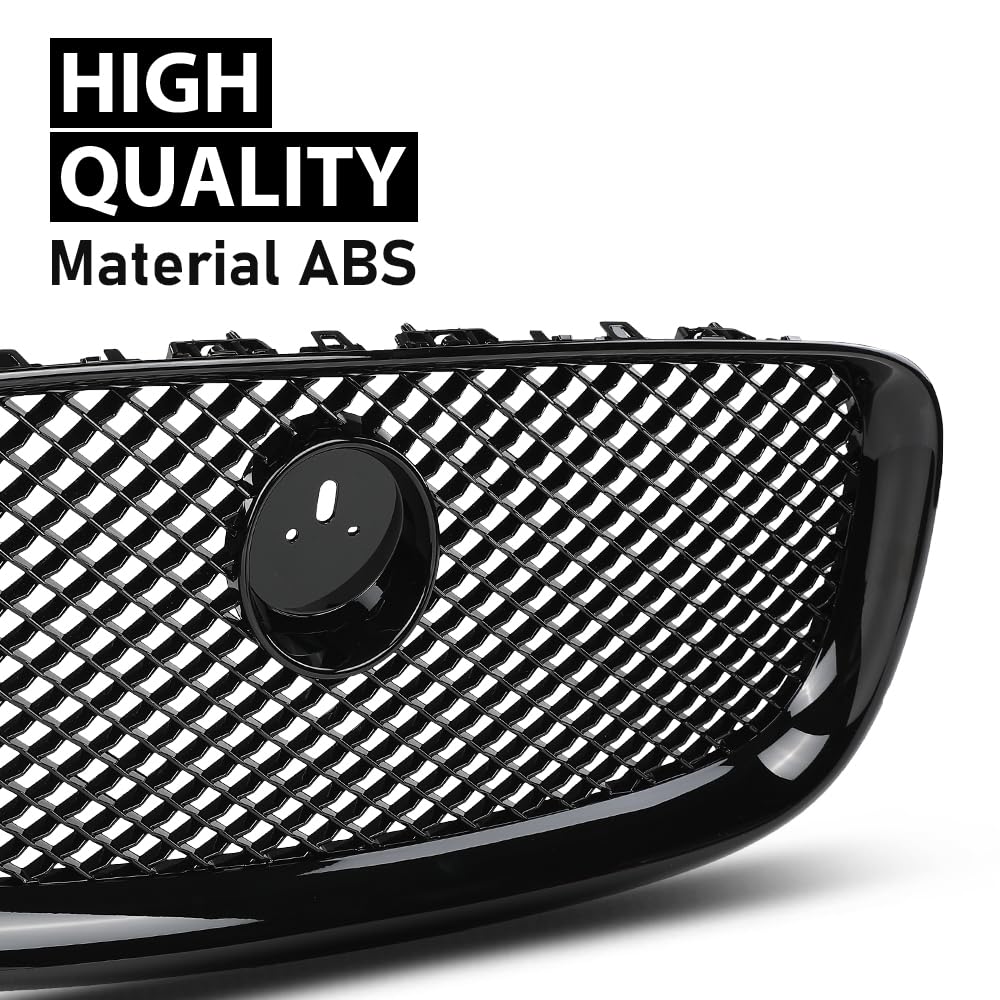 G-PLUS Front Center Upper Mesh Grille W/Emblem Compatible with Jaguar XF XFR 2012-2015 Gloss Black Grill