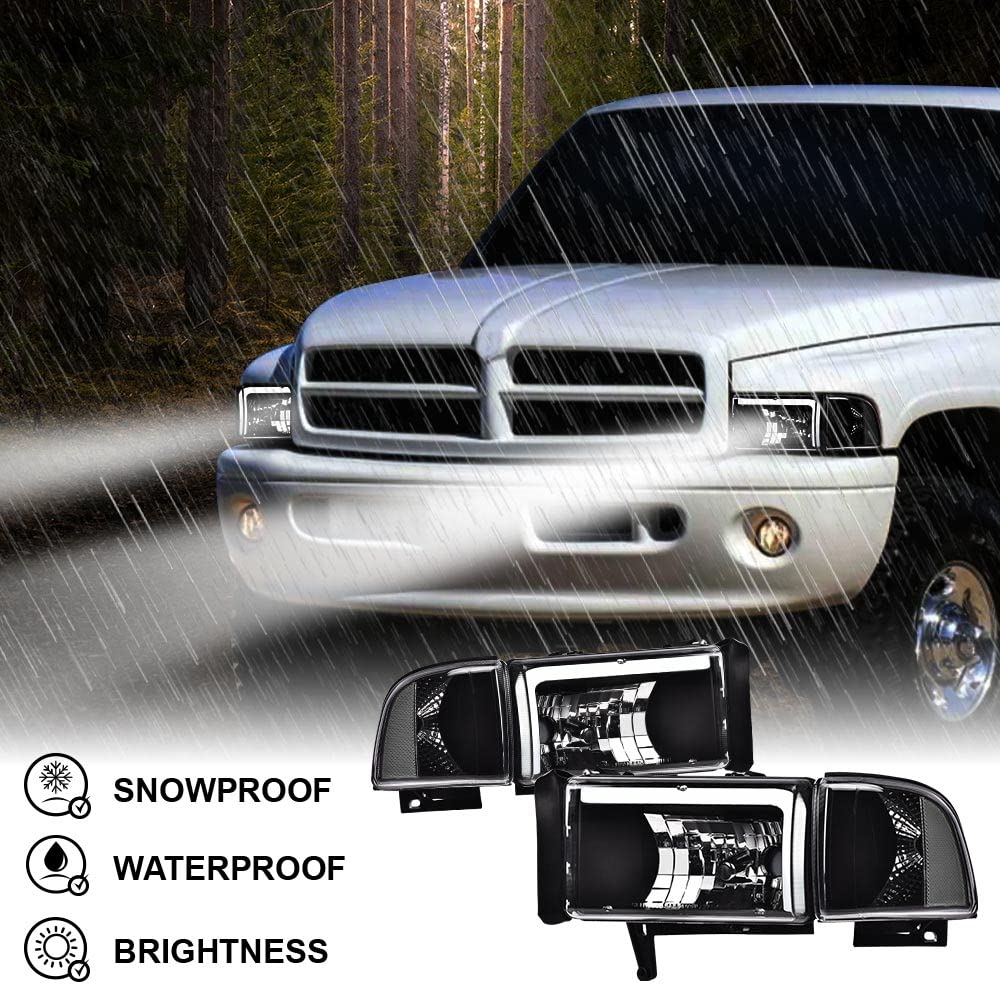 G-PLUS DRL LED Headlights Assembly Fit Dodge Ram 1500 1994-2001,Fit Dodge Ram 2500 3500 1994-2002(Not for Ram Sport) Headlamps w/o Bulbs Clear Lens Black Housing Clear Reflector