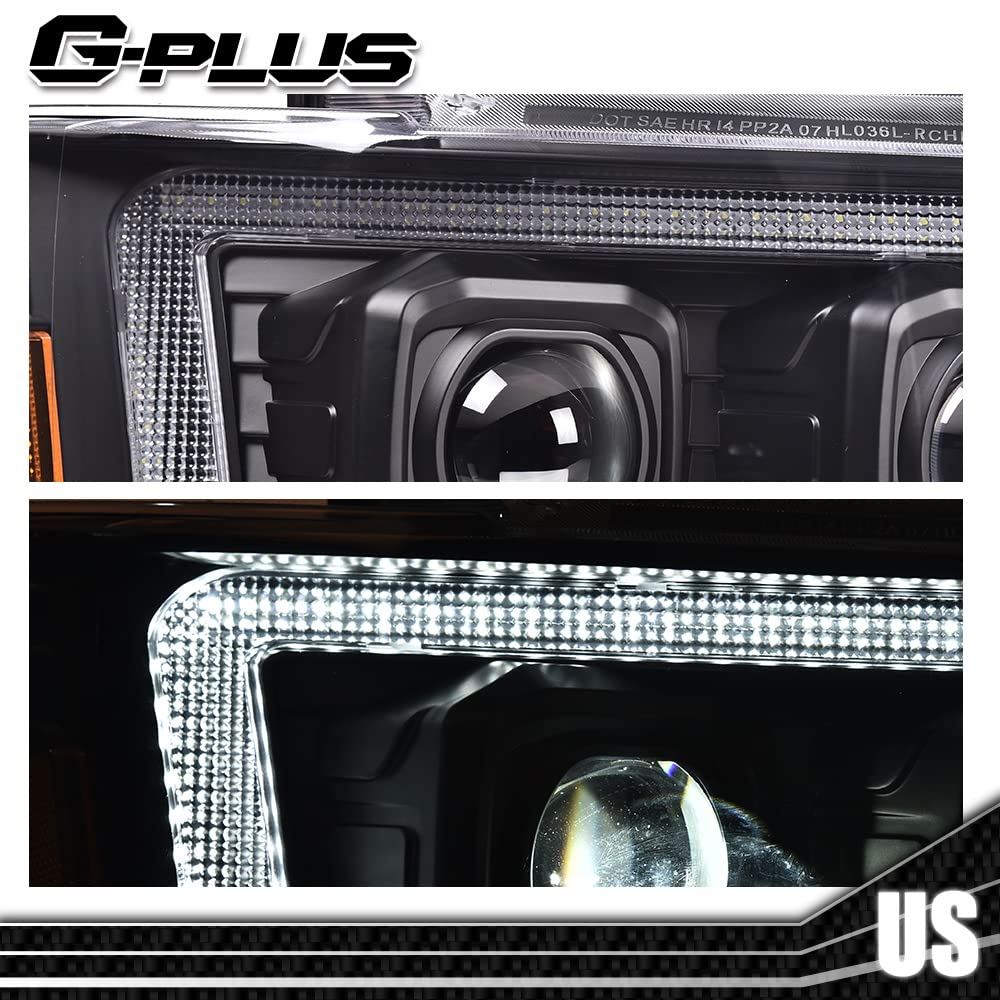 G-PLUS LED Tube Dual Projector Headlights, Compatible with 2007-2014 Chevy Tahoe/Suburban Bumper Headlamps Assembly, Clear Lens Black Housing Amber Reflector,faros delanteros