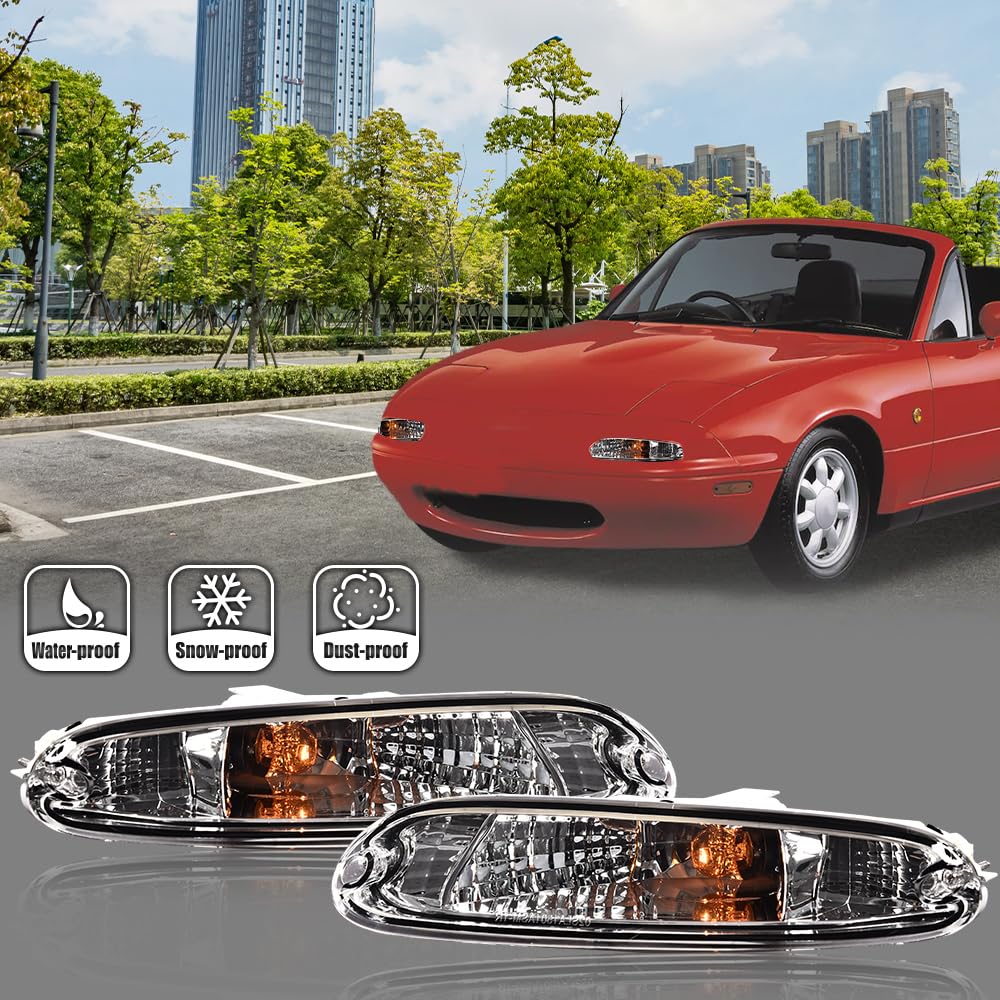 GPLUS Signal Lights, Compatible With Mazda MX-5 Miata 1990-1997, Front Bumper Mounted Marker Signal Parking Light (Clear lens Chrome Housing Amber Reflector)