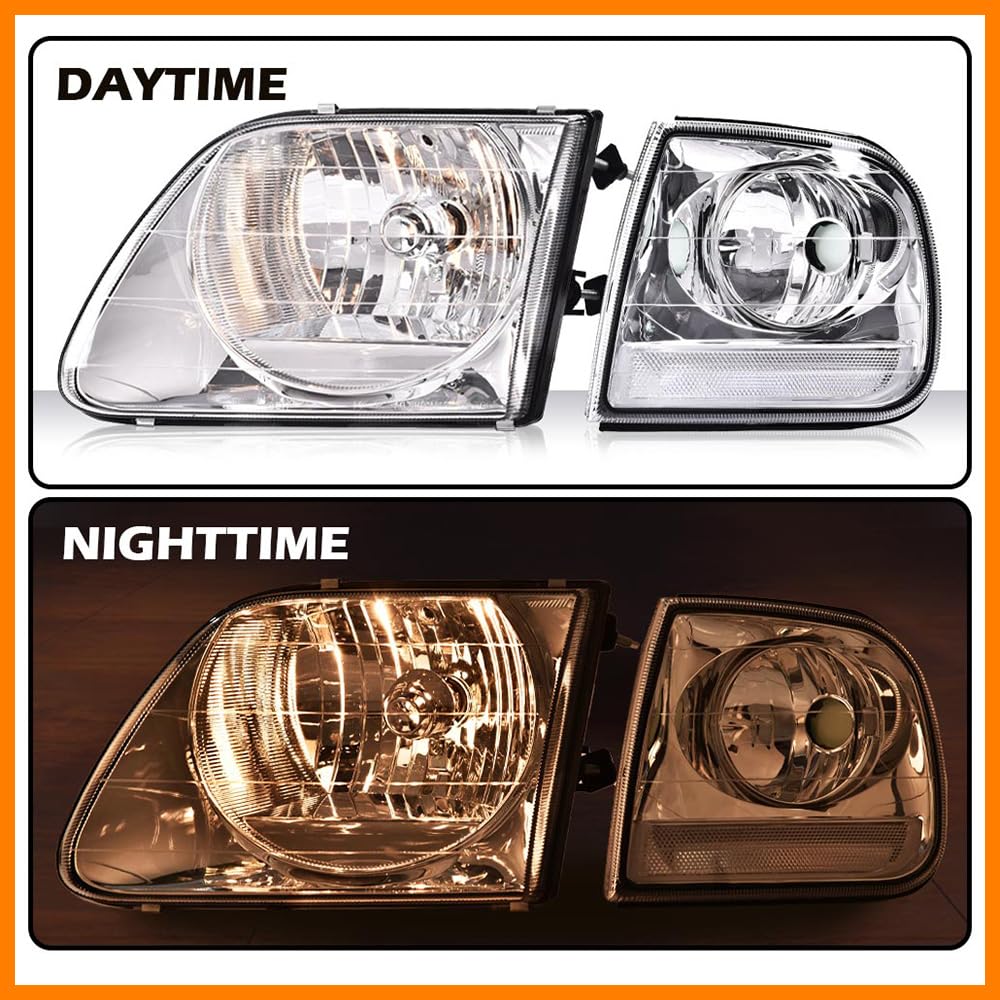 G-PLUS Headlights Fit 1998-2003 Ford F150/Fit 1997-2002 Ford Expedition/Fit Ford Ford F250 Light Duty 97-99 w/Corner Lamps,Headlamps faros delanteros,Clear Lens Chrome Housing Clear Reflector