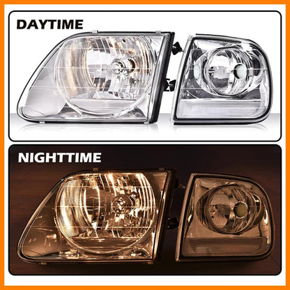 G-PLUS Headlights Fit 1998-2003 Ford F150/Fit 1997-2002 Ford Expedition/Fit Ford Ford F250 Light Duty 97-99 w/Corner Lamps,Headlamps faros delanteros,Clear Lens Chrome Housing Clear Reflector
