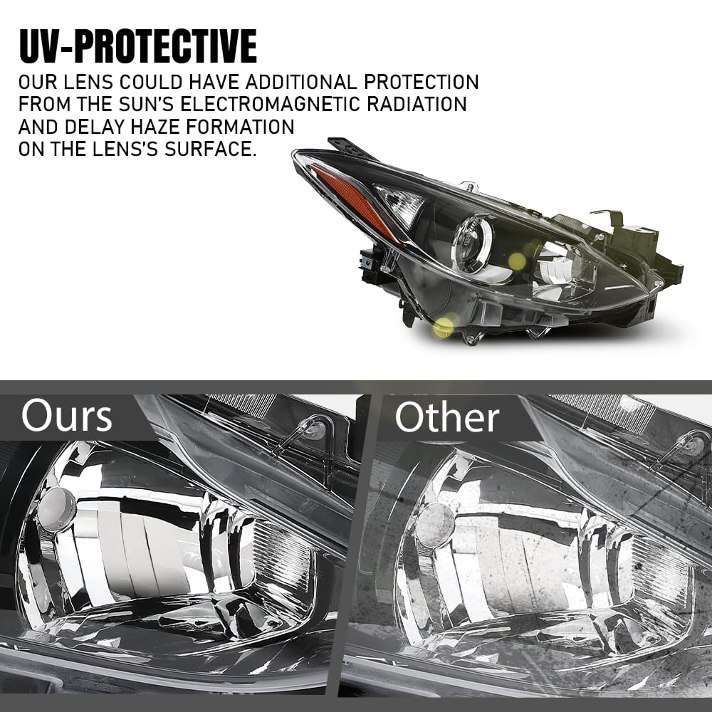 G-PLUS Headlight w/bulb Compatible with Mazda 3 2014 2015 2016 Bumper Headlamp BPW1510K0, MA2503144 Right Passenger Side Clear Lens Black Housing Amber Reflector