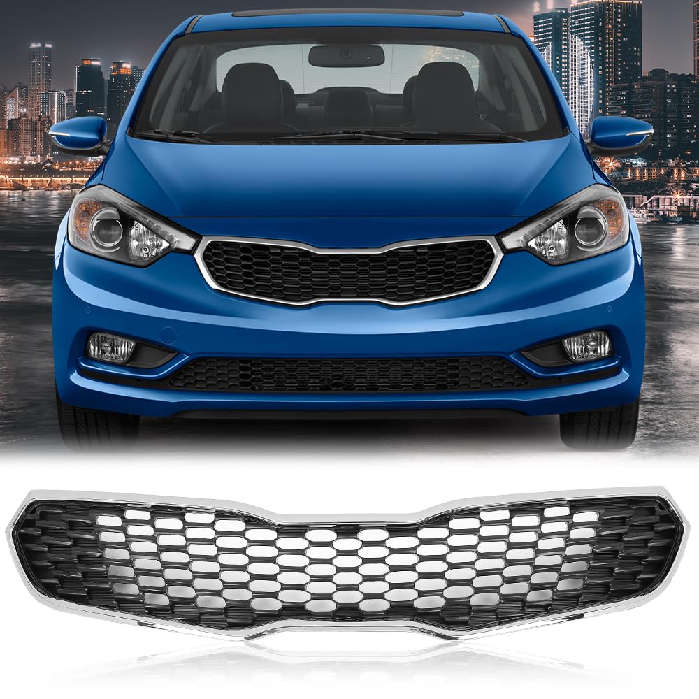 G-PLUS Front Bumper Grill Grille Assembly Chrome Mesh Style Compatible with Kia Forte SX/EX/LX 2014 2015 2016 KI1200156, 86350A7500