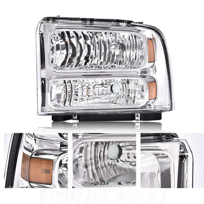 G-PLUS Headlights Assembly Compatible with Ford F250 F350 F450 F550 Super Duty 1999-2004, Fit Ford Excursion 2000-2004 Left & Right Headlamps Assembly, Clear Lens Chrome Housing Amber Reflector