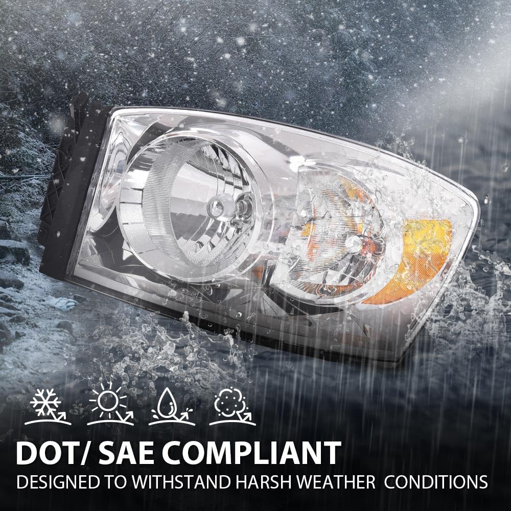 G-PLUS Headlights w/Bulbs Left Driver Side Compatible with Dodge Ram 1500 2006-2008/HEADLIGHTS | Fit Dodge Ram 2500 3500 2006-2009,Clear Lens Chrome Housing Amber Reflector Bumper Headlamps,faros Assembly
