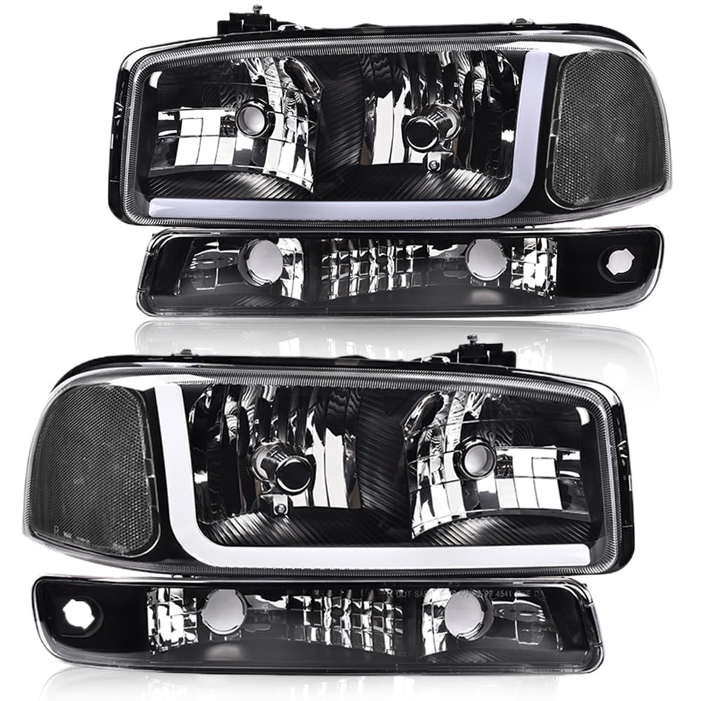 G-PLUS LED DRL Headlights Assembly, Compatible with 1999-2007 GMC Sierra 1500/2001-2007 GMC Sierra 1500 HD Bumper Headlamps, Clear Lens Black Housing Clear Reflector,faros delanteros