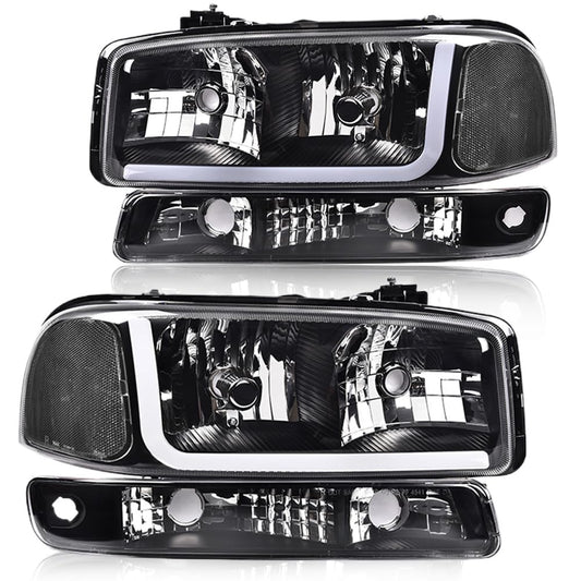 G-PLUS LED DRL Headlights Assembly, Compatible with 1999-2007 GMC Sierra 1500/2001-2007 GMC Sierra 1500 HD Bumper Headlamps, Clear Lens Black Housing Clear Reflector,faros delanteros