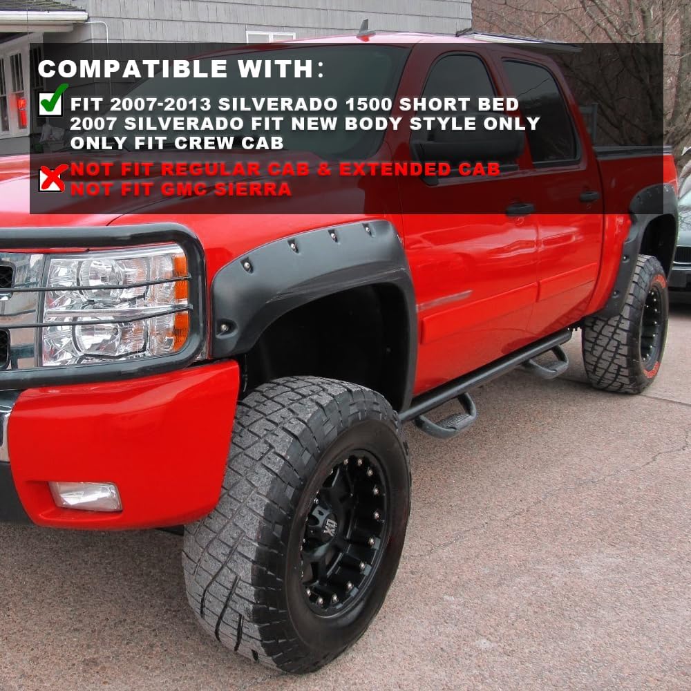 G-PLUS Pocket Rivet Textured Fender Flares 4 PCS Compatible with 2007-2013 Chevy Silverado 1500, Only Fit 5.8' Short Bed Crew Cab (Not Fit 07 Classic Models & GMC Sierra) Wheel Flares Protector Cover