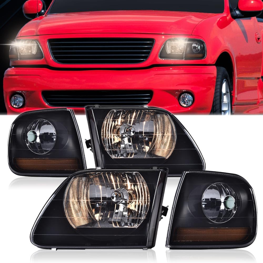 G-PLUS Headlights Assembly Compatible with Ford F150 1998-2003, Fit Ford Expedition 1997-2002 w/Corner Lamps Smoky Lens Black Housing Amber Reflector