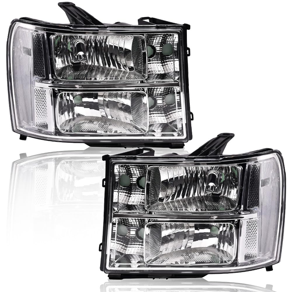 G-PLUS Headlights Assembly, Fit 2007-2013 GMC Sierra 1500/2007 2008 2009 2010 2011 2012 2013 2014 GMC Sierra 2500 HD/3500HD Headlamps,Clear Lens Chrome Housing Clear Reflector,faros delanteros