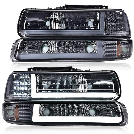 G-PLUS LED DRL Headlights, Compatible with 1999 2000 2001 200 2003 2004 2005 2006 Silverado/Suburban Bumper Headlamps, Smoky Lens Chrome Housing Amber Reflector