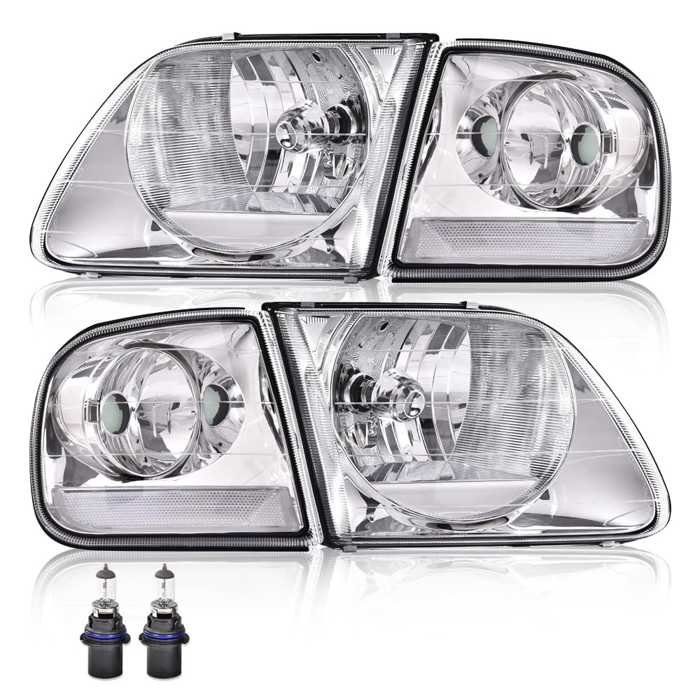 G-PLUS Headlights Fit 1998-2003 Ford F150/Fit 1997-2002 Ford Expedition/Fit Ford Ford F250 Light Duty 97-99 w/Corner Lamps,Headlamps faros delanteros,Clear Lens Chrome Housing Clear Reflector