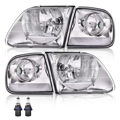 G-PLUS Headlights Fit 1998-2003 Ford F150/Fit 1997-2002 Ford Expedition/Fit Ford Ford F250 Light Duty 97-99 w/Corner Lamps,Headlamps faros delanteros,Clear Lens Chrome Housing Clear Reflector