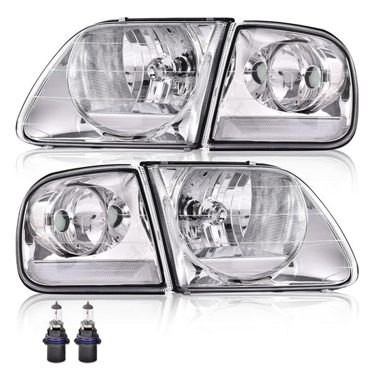 G-PLUS Headlights Fit 1998-2003 Ford F150/Fit 1997-2002 Ford Expedition/Fit Ford Ford F250 Light Duty 97-99 w/Corner Lamps,Headlamps faros delanteros,Clear Lens Chrome Housing Clear Reflector