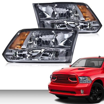 G-PLUS Quad Headlights Fit Dodge Ram 1500-3500 (2009-2012 New Body) - Smoky Lens, Chrome Housing, Amber Reflector Bumper Headlamps,faros delanteros Assembly