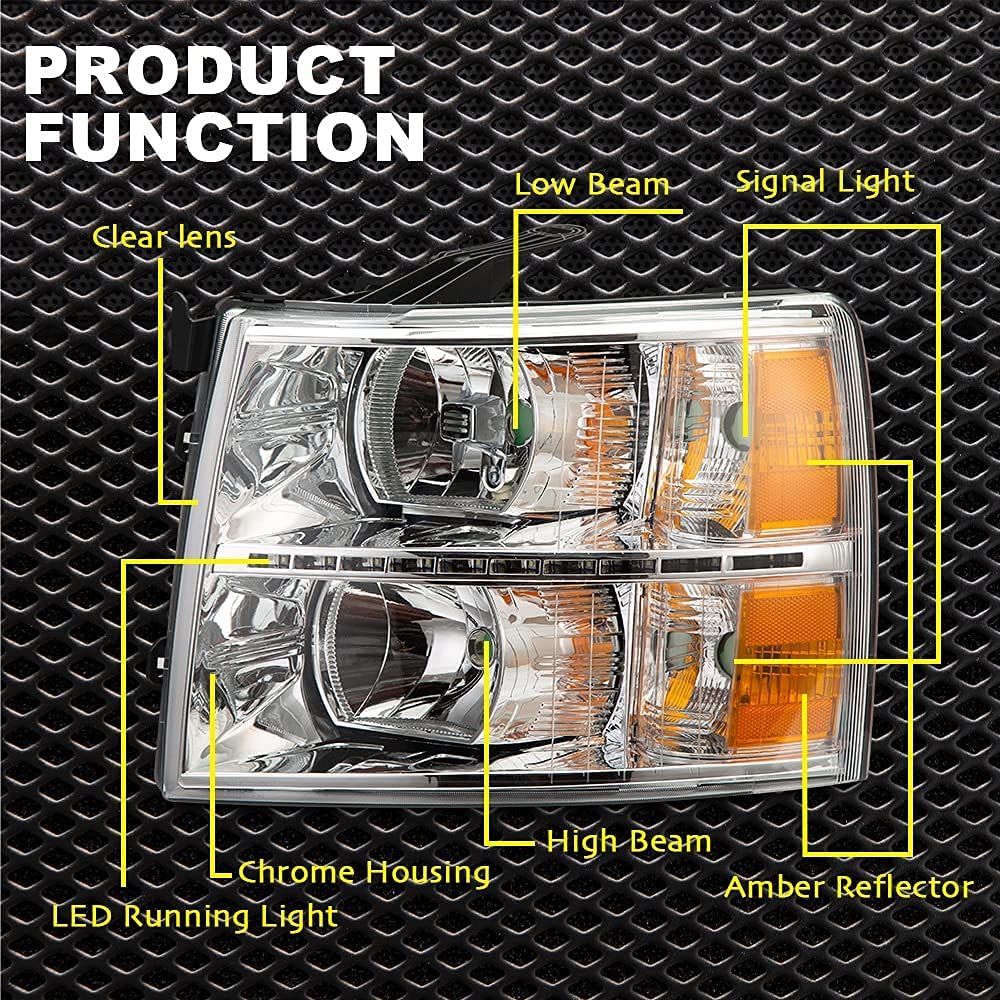 G-PLUS LED DRL Headlights, Compatible with Chevy Silverado 1500 2007-2013/Fit 2007-2014 Chevy Silverado 2500 3500 & HD Bumper Headlamps, Clear Lens Chrome Housing Amber Reflector,faros delanteros