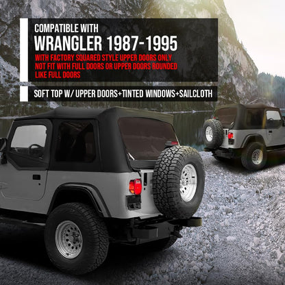 G-PLUS Soft Top Sailcloth w/Plastic Windows Fit Jeep Wrangler 1987-1995 with Factory Squared Style Upper Doors, Not Fit With Full Doors or Upper Doors Rounded Like Full Doors 9870215, 9870217 Black