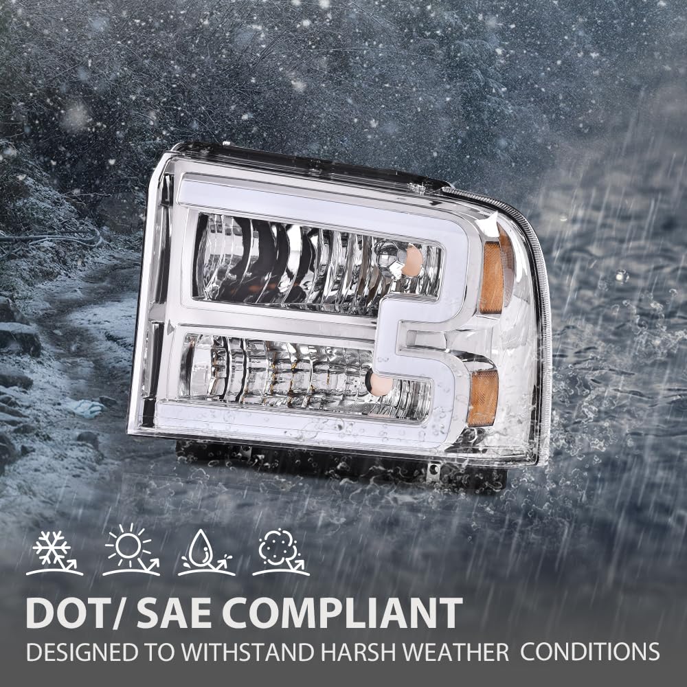 G-PLUS LED DRL Headlight Assembly Compatible with Ford F250 F350 F450 F550 Super Duty 05-07 /Fit Ford Excursion 05 HeadLamps LH & RH Clear lens Chrome Housing White Reflector FO2503217 ‎6C3Z13008CB