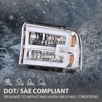 G-PLUS LED DRL Headlight Assembly Compatible with Ford F250 F350 F450 F550 Super Duty 05-07 /Fit Ford Excursion 05 HeadLamps LH & RH Clear lens Chrome Housing White Reflector FO2503217 ‎6C3Z13008CB