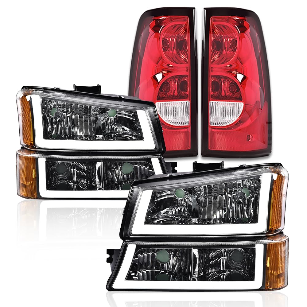 G-PLUS LED Headlights Assembly & Tail Lights Fit Chevy Silverado 1500 1500 HD 2500 2500 HD 2003-2006, Clear Lens Chrome Housing Amber Reflector Headlamps Assembly Red Taillights