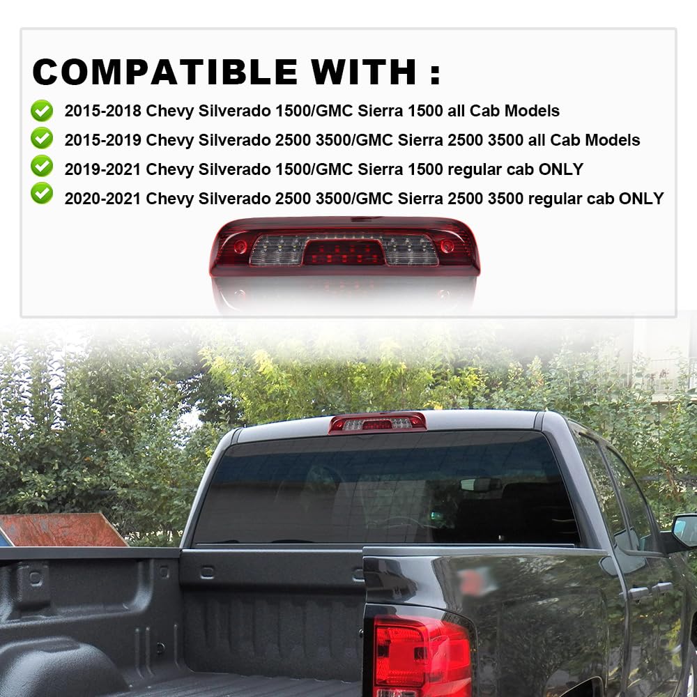 G-PLUS LED 3rd Brake Lights, Compatible with Chevy Silverado/GMC Sierra 1500 2500HD SILVERADO 3500/3500HD 2014-2018 Third Brake Light Cargo Lamps Black Housing Red & White Lens
