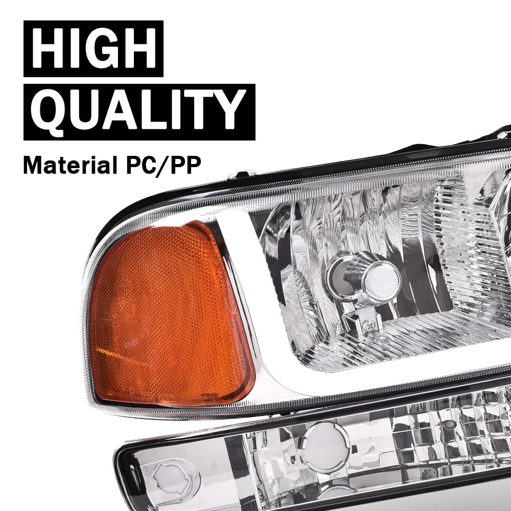 G-PLUS LED Headlights Assembly Fit GMC Sierra 1500HD 2500HD 3500 1999-2007/Fit GMC Yukon XL 1500 2500 1999-2006,Headlamps Clear Lens Chrome Housing Amber Reflector,faros delanteros