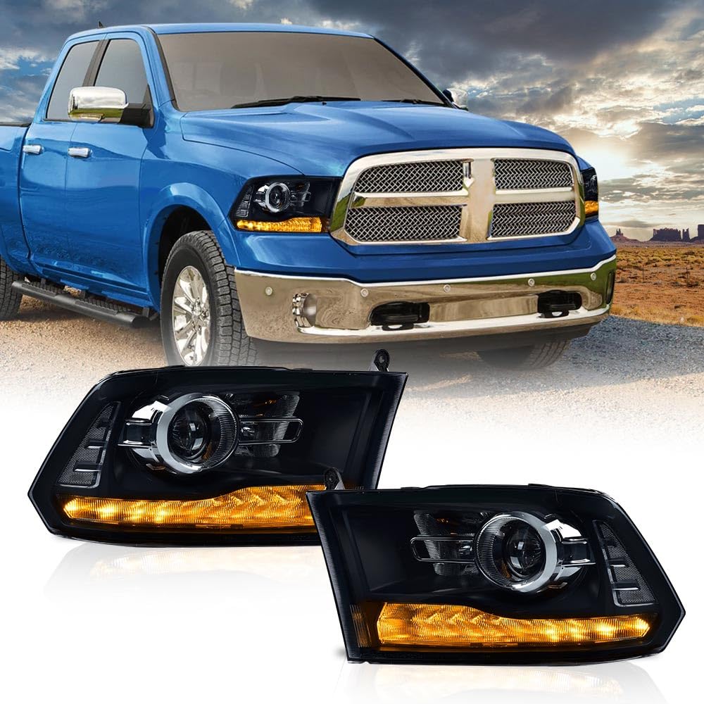 G-PLUS LED Bar Plank Style Headlights Fit for Dodge Ram 1500 2500 3500 2013-2018 Projector Headlamp,Fit Models w/Dual Beam& Quad Beam Models,Smoky Lens Black Housing Clear Reflector
