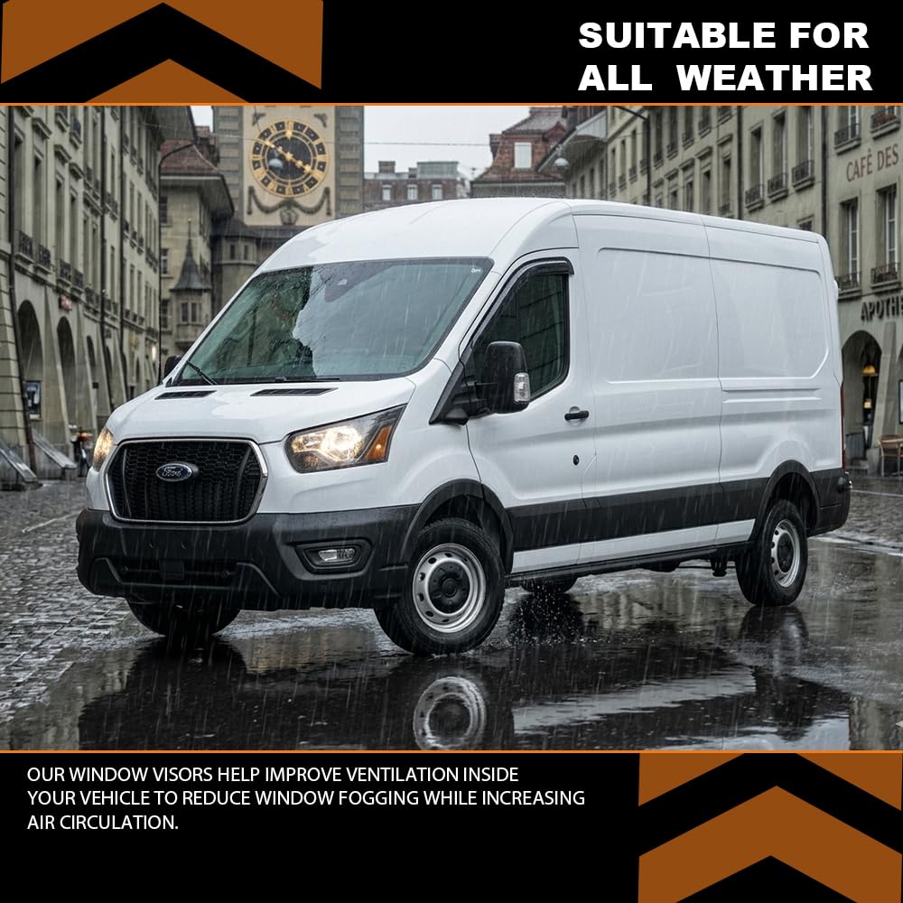 G-PLUS Out-Channel Window Vent Visor Deflectors Tape-On Side Rain Guards Compatible with Ford Transit 2014-2023 2PCS Smoky