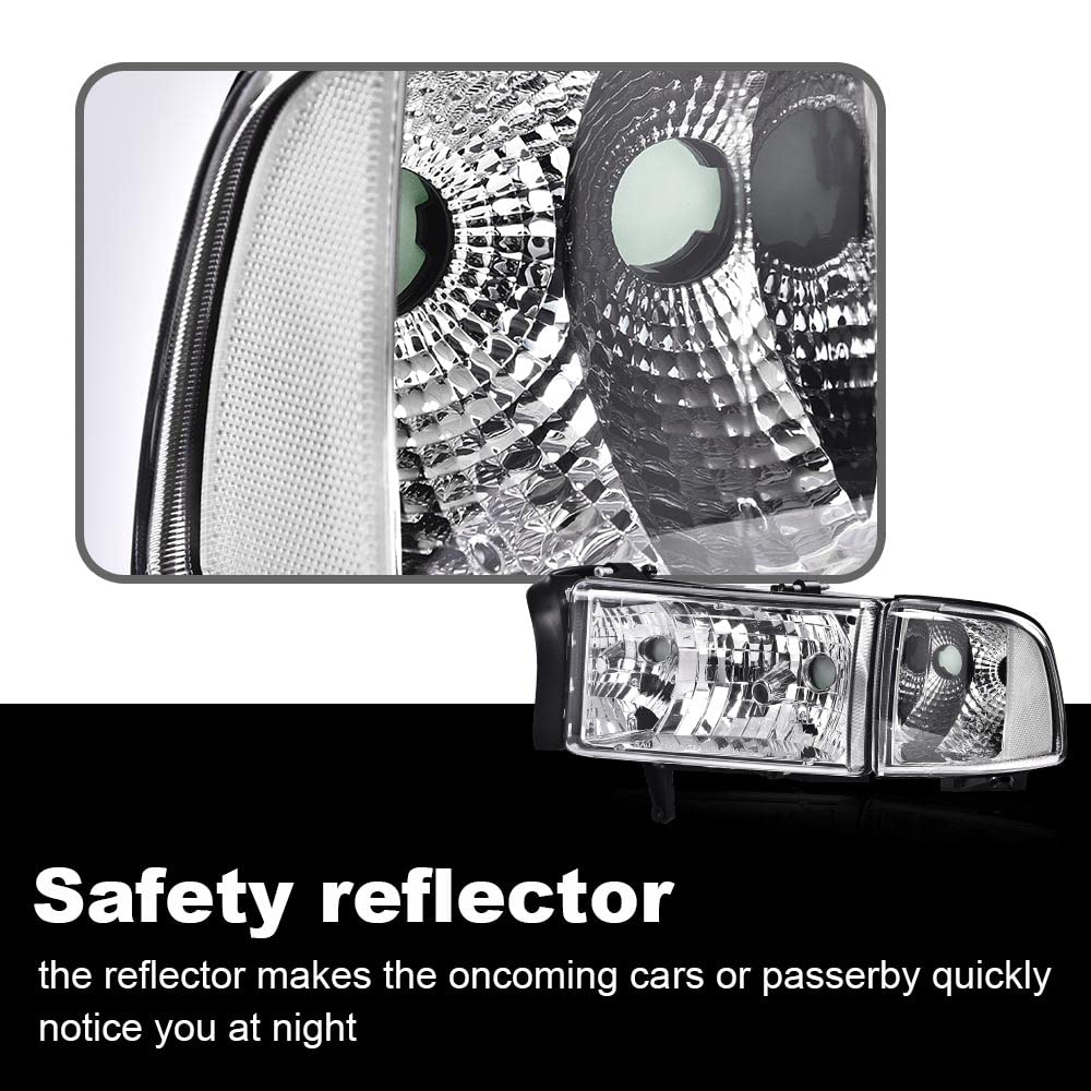 G-PLUS Headlights Fit Dodge Ram 1500 1994-2001/Fit Dodge Ram 2500 3500 1994-2002 Clear Lens Chrome Housing Clear Reflector Bumper Headlamps w/o Bulbs,faros delanteros Assembly