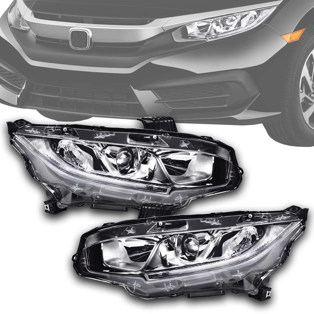 G-PLUS Projector Headlights, Compatible with Honda Civic 2016-2021 2/4Door DX EX/EX-L/EX-T LX/LX-P Si Sport,(NOT For Factory LED Headlight Models) Halogen Model LED DRL (Passenger & Driver Side)
