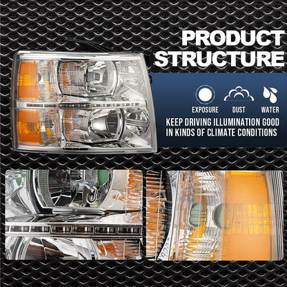 G-PLUS LED DRL Headlights, Compatible with Chevy Silverado 1500 2007-2013/Fit 2007-2014 Chevy Silverado 2500 3500 & HD Bumper Headlamps, Clear Lens Chrome Housing Amber Reflector,faros delanteros