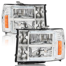 G-PLUS LED Headlights for GMC Sierra 1500 2500HD 3500HD 2007-2014 Clear Chrome Amber