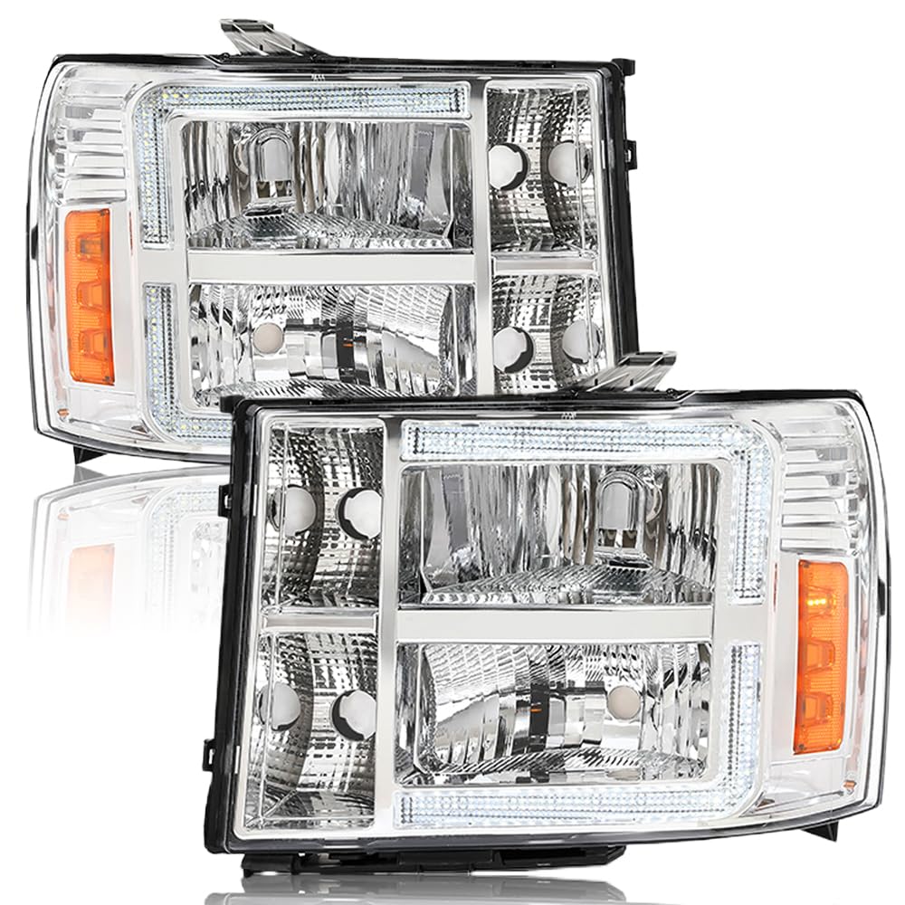 G-PLUS LED Headlights Assembly Front Headlamps Left+Right Compatible with GMC Sierra 1500 2007-2013, Fit GMC Sierra 2500HD 3500HD 2007-2014 Clear Lens Chrome Housing Amber Reflector,faros delanteros