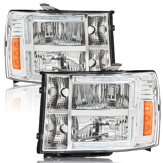 G-PLUS LED Headlights Assembly Front Headlamps Left+Right Compatible with GMC Sierra 1500 2007-2013, HEADLIGHTS | Fit GMC Sierra 2500HD 3500HD 2007-2014 Clear Lens Chrome Housing Amber Reflector,faros delanteros